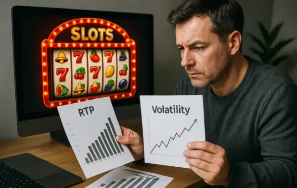 A man comparing two graphs labeled "RTP" and "Volatility" in front of a computer screen displaying a digital slot machine.