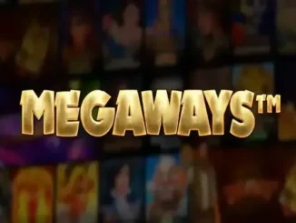 Bold golden Megaways trademark logo overlaid on a blurred background of various digital slot game tiles.