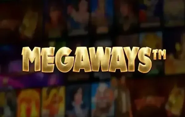 Bold golden Megaways trademark logo overlaid on a blurred background of various digital slot game tiles.