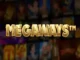 Bold golden Megaways trademark logo overlaid on a blurred background of various digital slot game tiles.