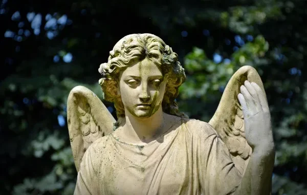 A weathered stone angel statue with moss accents and wings, set against a blurred background of green trees in a cemetery or memorial park.