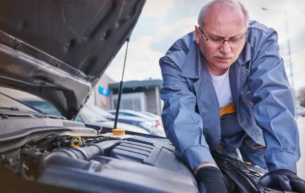 A focused mechanic in blue overalls leaning over an open car hood, inspecting the engine components and electrical systems for a power failure diagnosis.