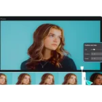 A digital interface of a video editing software showing a preview of a young woman's portrait, a timeline with video clips, and a "Position and size" adjustment menu.