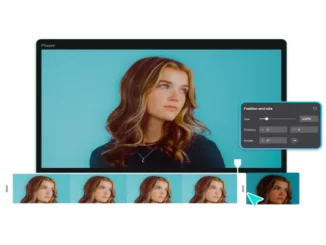 A digital interface of a video editing software showing a preview of a young woman's portrait, a timeline with video clips, and a "Position and size" adjustment menu.