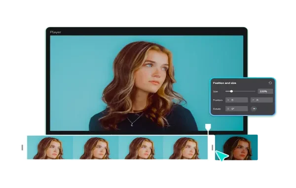 A digital interface of a video editing software showing a preview of a young woman's portrait, a timeline with video clips, and a "Position and size" adjustment menu.