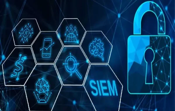 A digital collage featuring a SIEM hexagon icon connected to nodes of global data, AI neural networks, and a large glowing padlock.