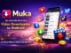 Promotional graphic for the Muka Android app, featuring a smartphone showing social media download options for Instagram, Facebook, and TikTok against a vibrant purple and gold city background.