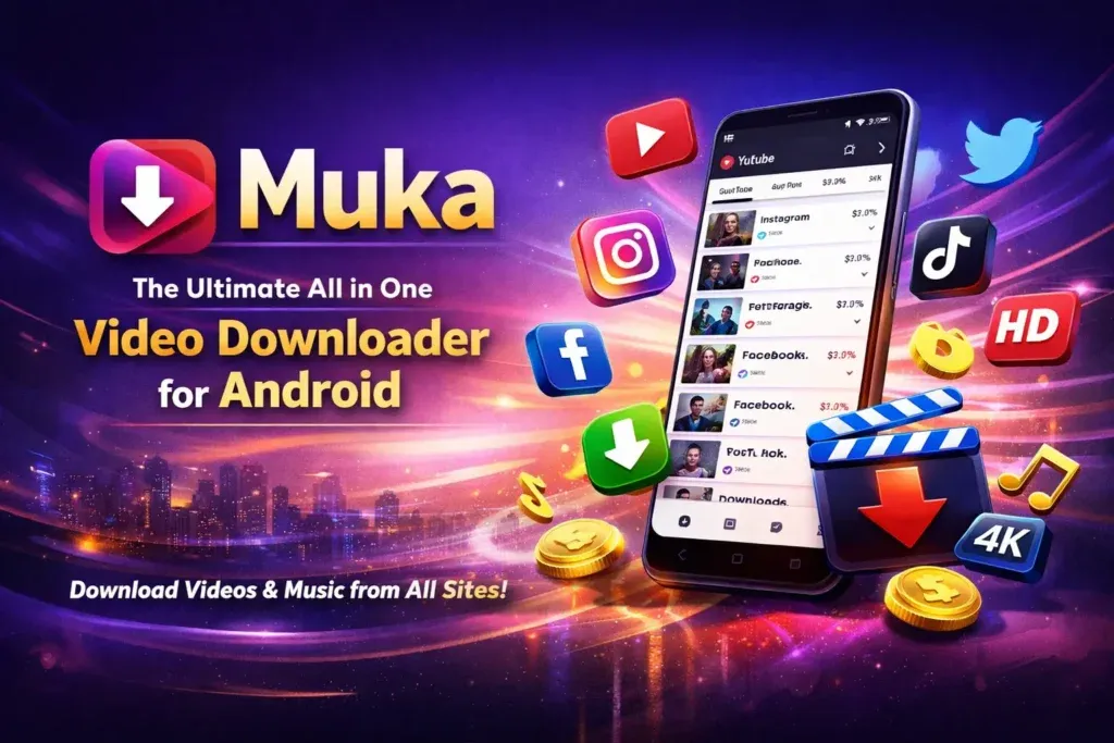 Promotional graphic for Muka, an all-in-one video and music downloader for Android, featuring a smartphone interface and social media icons like YouTube, Instagram, and Facebook.