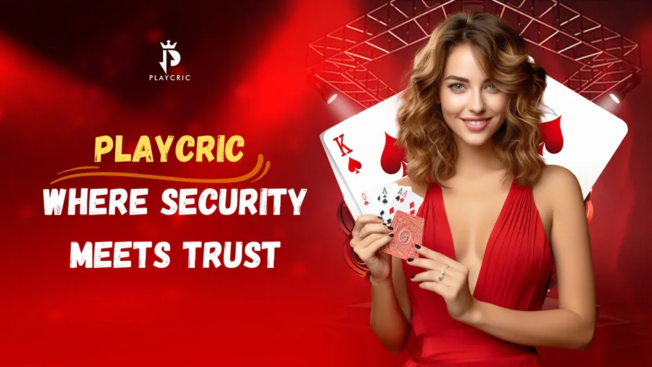 A smiling woman in a red dress holding playing cards against a vibrant red background with the PlayCric logo and text "Where Security Meets Trust."