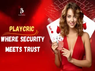 A professional promotional graphic for PlayCric featuring a smiling woman in a red dress holding playing cards against a vibrant red background. The text "PLAYCRIC WHERE SECURITY MEETS TRUST" is displayed in bold white and yellow lettering.