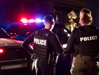 Two police officers in tactical vests standing in front of a patrol car with flashing red and blue lights at night.