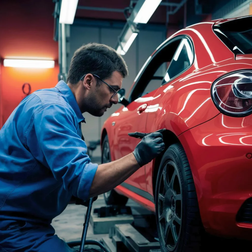 A professional mechanic in blue coveralls and gloves meticulously inspects the bodywork of a bright red sports car in a modern, well-lit garage.