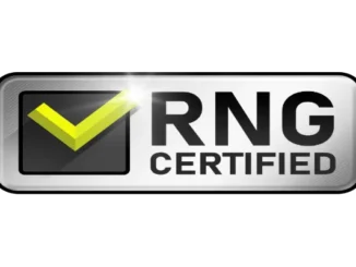A silver rectangular badge with a yellow checkmark in a black box on the left, and the bold text "RNG CERTIFIED" on the right.