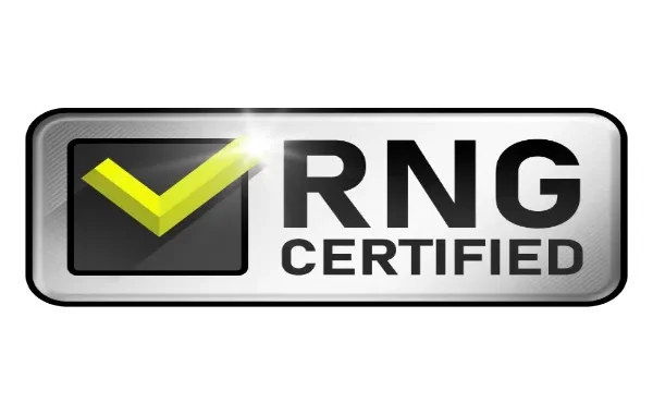A silver rectangular badge with a yellow checkmark in a black box on the left, and the bold text "RNG CERTIFIED" on the right.