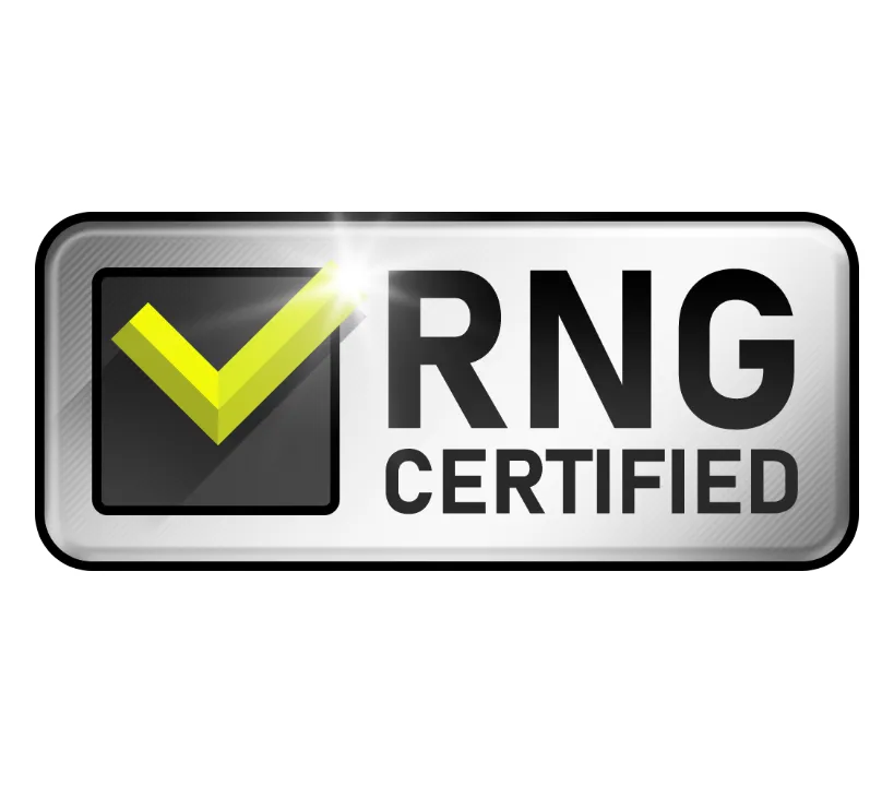 A metallic, rectangular badge featuring a prominent yellow checkmark inside a dark square on the left. To the right, the bold black text reads "RNG CERTIFIED" against a brushed silver background with a subtle lens flare on the checkmark.