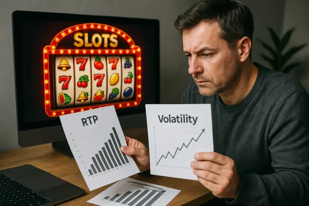 A man sitting at a desk in front of a computer screen displaying a digital slot machine. He is holding two charts: one labeled "RTP" with a bar graph and another labeled "Volatility" showing a jagged line graph. He appears focused and analytical, illustrating the contrast between theoretical returns and the actual variance of a gaming experience.