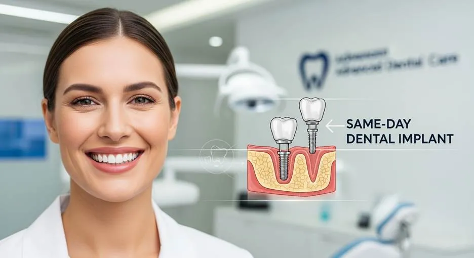A smiling woman in a dental office next to a graphic illustration of same-day dental implants being placed into the gum line. The graphic includes the text "Same-Day Dental Implant."