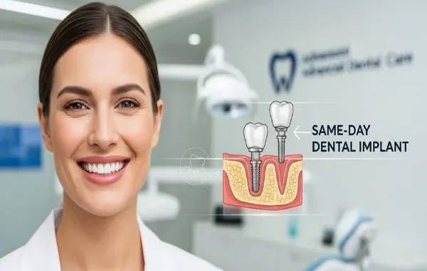 A smiling woman in a dental office next to a cross-section diagram showing the structure of two same-day dental implants embedded in the jawbone.