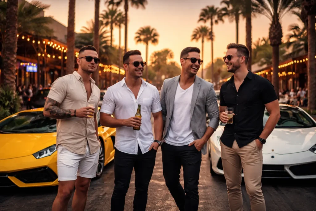 Four well-dressed men holding drinks and laughing in front of a yellow Lamborghini and a white sports car on a palm-tree-lined street in Scottsdale at sunset.