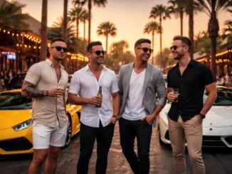 Four stylishly dressed men holding drinks and laughing in front of luxury sports cars on a palm-tree-lined street in Scottsdale at sunset.