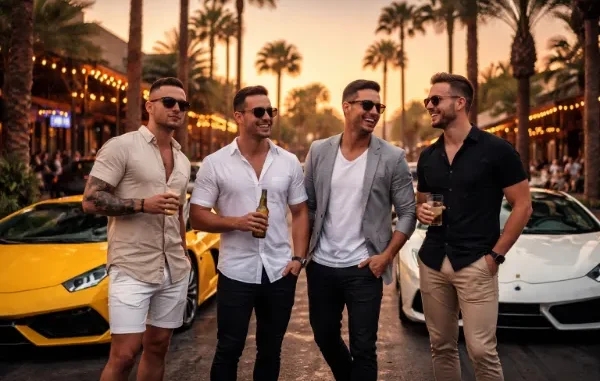 Four stylishly dressed men holding drinks and laughing in front of luxury sports cars on a palm-tree-lined street in Scottsdale at sunset.