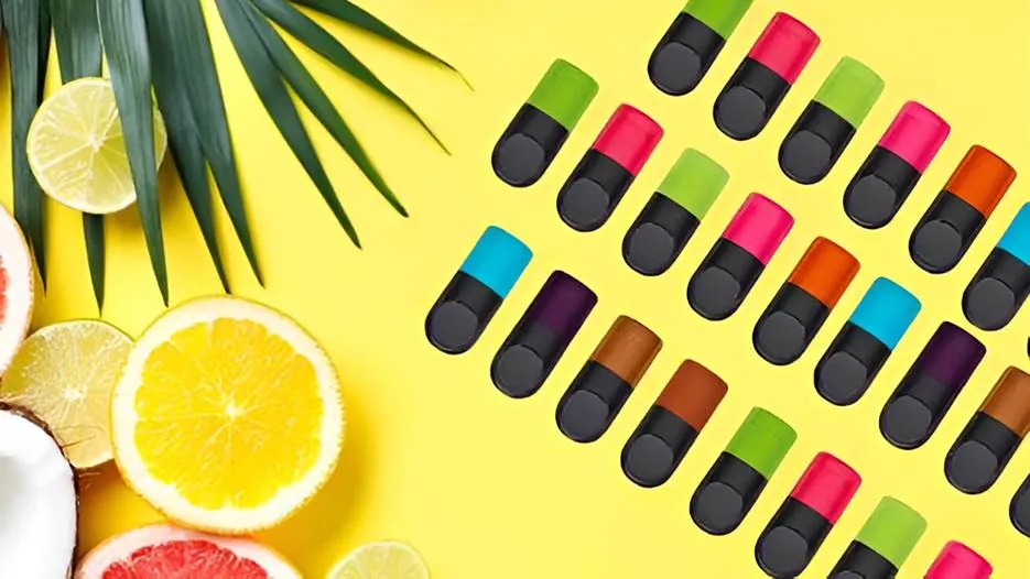 A vibrant flat-lay arrangement of 2026 trending vape juice ingredients including fresh blueberries, sliced mango, mint leaves, and a vanilla pod next to a sleek refillable pod system.
