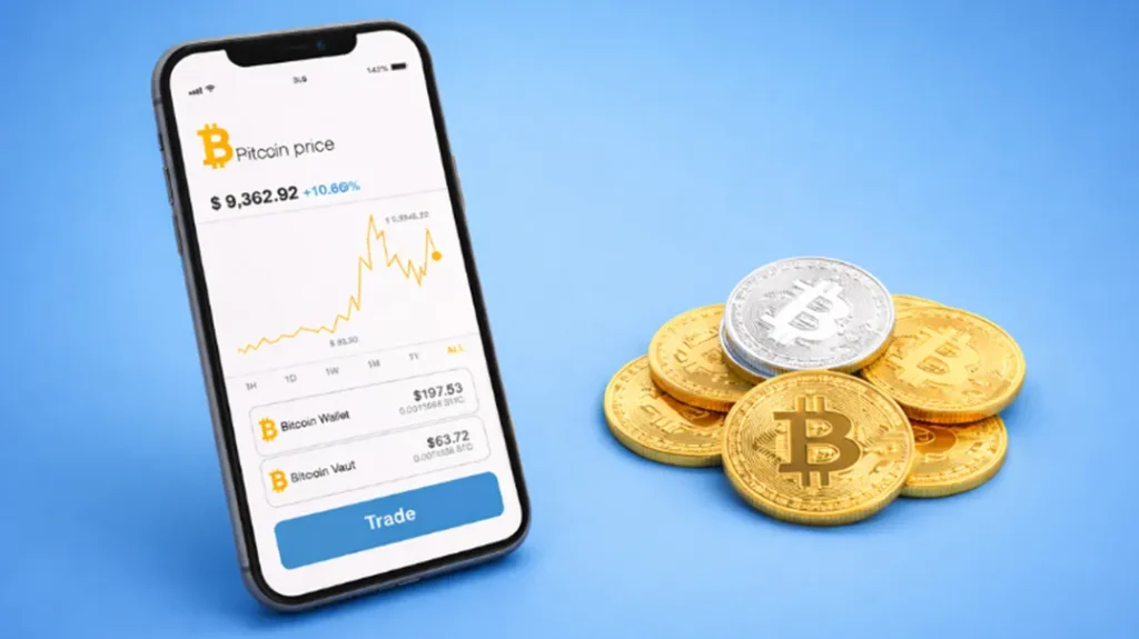 A smartphone displaying a cryptocurrency trading app with a Bitcoin price chart and digital wallet balances, positioned next to a physical stack of gold and silver Bitcoin tokens on a blue background.
