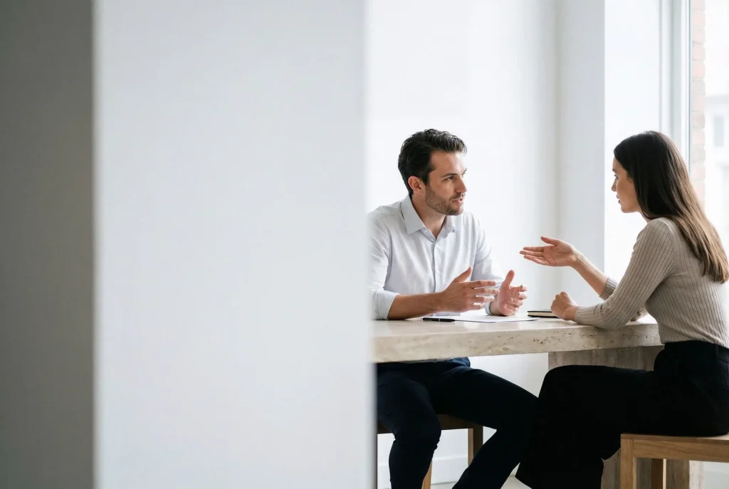 A man and woman in professional attire having a focused discussion at a marble desk in a bright, modern Calgary office setting.