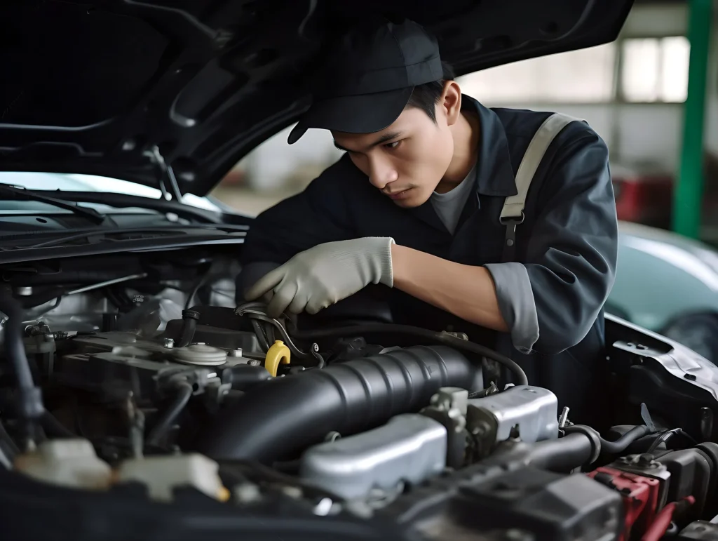A focused mechanic in a dark blue uniform and cap inspecting the engine bay of a modern car in a professional garage.
