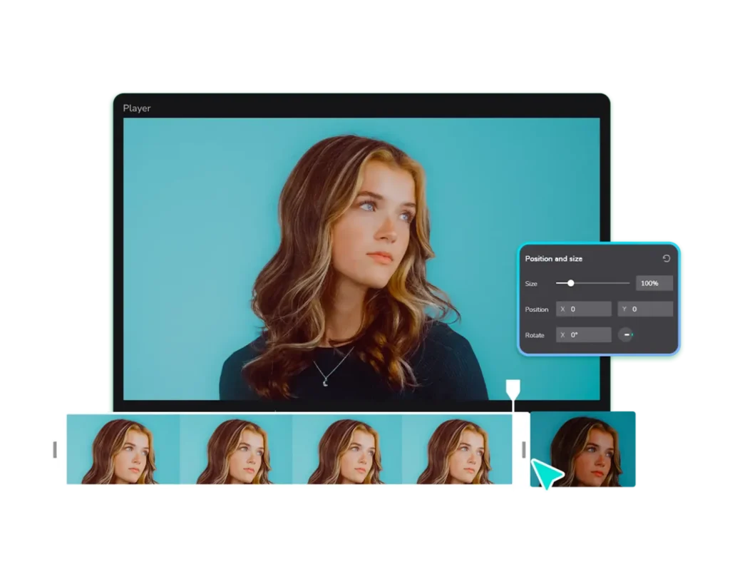 A digital interface of a video editing software showing a preview window of a young woman with wavy hair against a teal background. An overlay menu titled "Position and size" displays controls for size, position, and rotation, while a video timeline at the bottom shows frame-by-frame thumbnails of the footage.