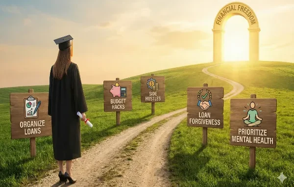 A graduate in a black cap and gown stands on a dirt path looking toward a golden archway labeled "Financial Freedom." Wooden signs along the path list strategies: Organize Loans, Budget Hacks, Side Hustles, Loan Forgiveness, and Prioritize Mental Health.