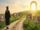 A graduate in a black cap and gown stands on a dirt path looking toward a golden archway labeled "Financial Freedom." Wooden signs along the path list strategies: Organize Loans, Budget Hacks, Side Hustles, Loan Forgiveness, and Prioritize Mental Health.