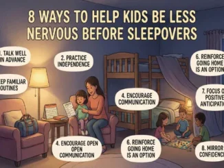 An educational infographic showing a cozy bedroom scene with a mother talking to her daughter and kids playing a board game. Text bubbles outline 8 tips for managing sleepover nerves.