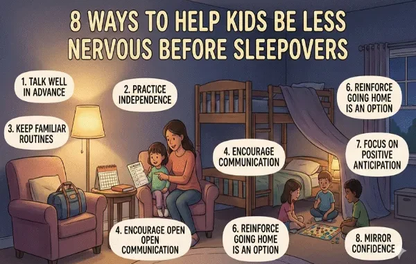 An educational infographic showing a cozy bedroom scene with a mother talking to her daughter and kids playing a board game. Text bubbles outline 8 tips for managing sleepover nerves.