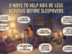 An educational infographic showing a cozy bedroom scene with a mother talking to her daughter and kids playing a board game. Text bubbles outline 8 tips for managing sleepover nerves.