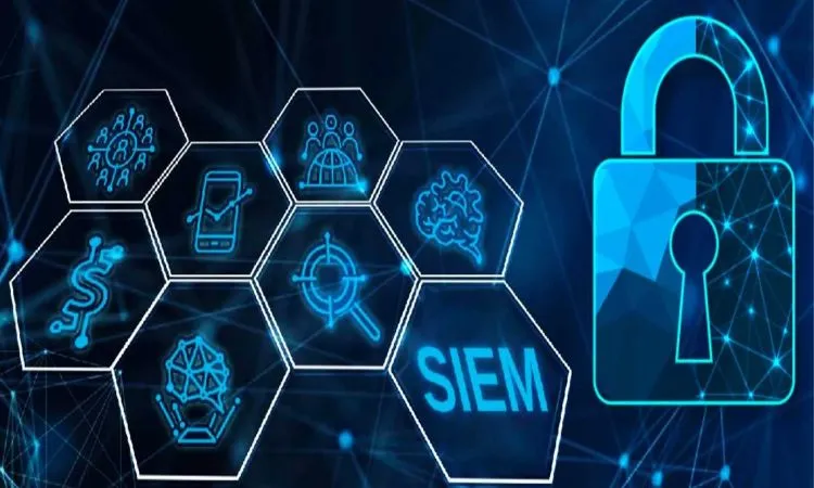 A digital blue-toned graphic representing cybersecurity infrastructure, featuring a large glowing padlock next to hexagonal icons containing symbols for data networks, mobile devices, and AI. The word "SIEM" is prominently displayed, illustrating the connection between security management and modern threat detection.