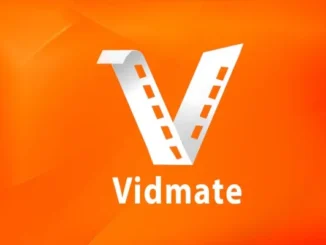 Official VidMate logo featuring a white film strip shaped like the letter V on a vibrant orange background.