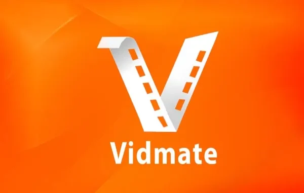 Official VidMate logo featuring a white film strip shaped like the letter V on a vibrant orange background.