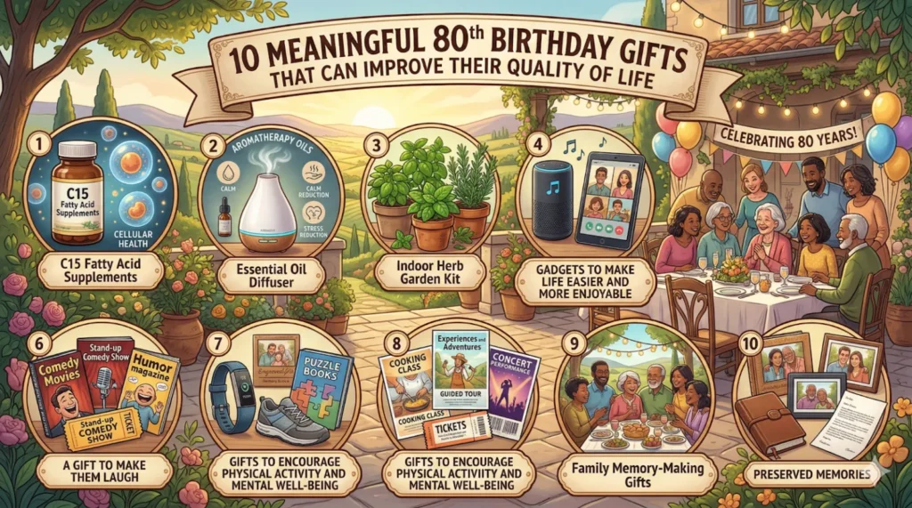 n illustrated infographic titled "10 Meaningful 80th Birthday Gifts That Can Improve Their Quality of Life," set against a warm, sunny outdoor patio scene with a family celebration.