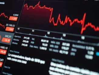 A close-up of a digital screen displaying a stock market application with red line graphs and financial indices, representing market tracking and volatility on the SGX.