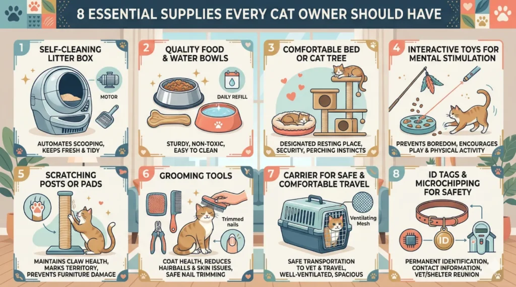 An infographic titled "8 Essential Supplies Every Cat Owner Should Have" featuring eight numbered panels with illustrations. 1: Self-cleaning litter box; 2: Quality food and water bowls; 3: Comfortable bed or cat tree; 4: Interactive toys; 5: Scratching posts or pads; 6: Grooming tools; 7: Carrier for travel; 8: ID tags and microchipping. Each panel includes a brief description of the benefits for cat health and safety.