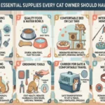 An infographic titled "8 Essential Supplies Every Cat Owner Should Have" featuring illustrations of a self-cleaning litter box, food bowls, cat tree, interactive toys, scratching post, grooming tools, pet carrier, and ID tags.