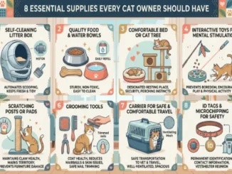 An infographic titled "8 Essential Supplies Every Cat Owner Should Have" featuring illustrations of a self-cleaning litter box, food bowls, cat tree, interactive toys, scratching post, grooming tools, pet carrier, and ID tags.