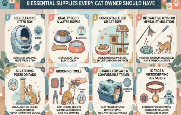 An infographic titled "8 Essential Supplies Every Cat Owner Should Have" featuring illustrations of a self-cleaning litter box, food bowls, cat tree, interactive toys, scratching post, grooming tools, pet carrier, and ID tags.