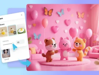 A user interface showing a "Delicacy" filter being applied to a pink-toned AI-generated room with cute characters, featuring an intensity slider set to 83.
