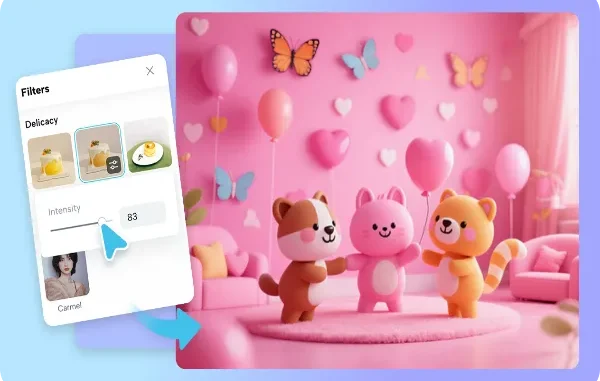 A user interface showing a "Delicacy" filter being applied to a pink-toned AI-generated room with cute characters, featuring an intensity slider set to 83.