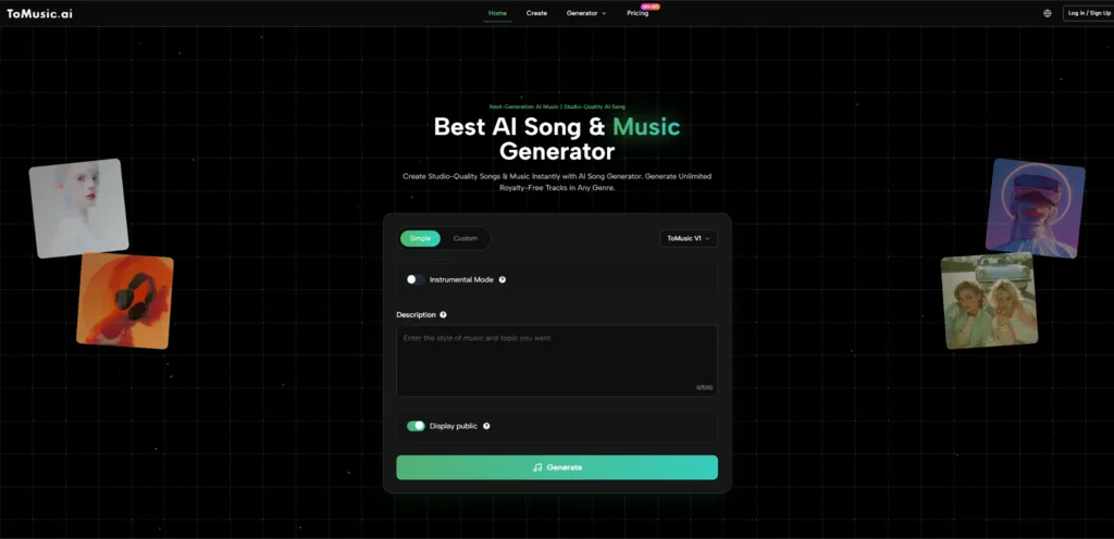 A screenshot of the ToMusic.ai web interface, showing a dark-themed AI music generator with a central dashboard. The dashboard features options for "Simple" or "Custom" generation, a description input box for music styles and topics, and a large green "Generate" button.