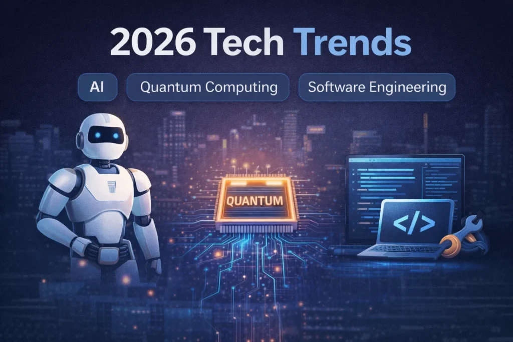 A futuristic digital visualization of glowing neural networks and quantum data streams representing 2026 tech breakthroughs.