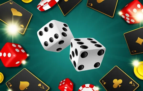 A 3D illustration of white and red dice, black playing cards, and casino chips floating over a green radial background.