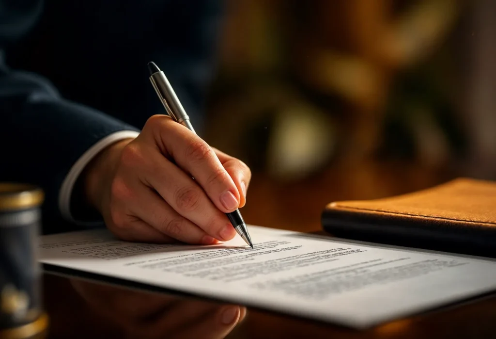 A close-up of a person in a business suit signing an official legal document with a silver pen on a wooden desk, representing the final step of a gaming license approval.